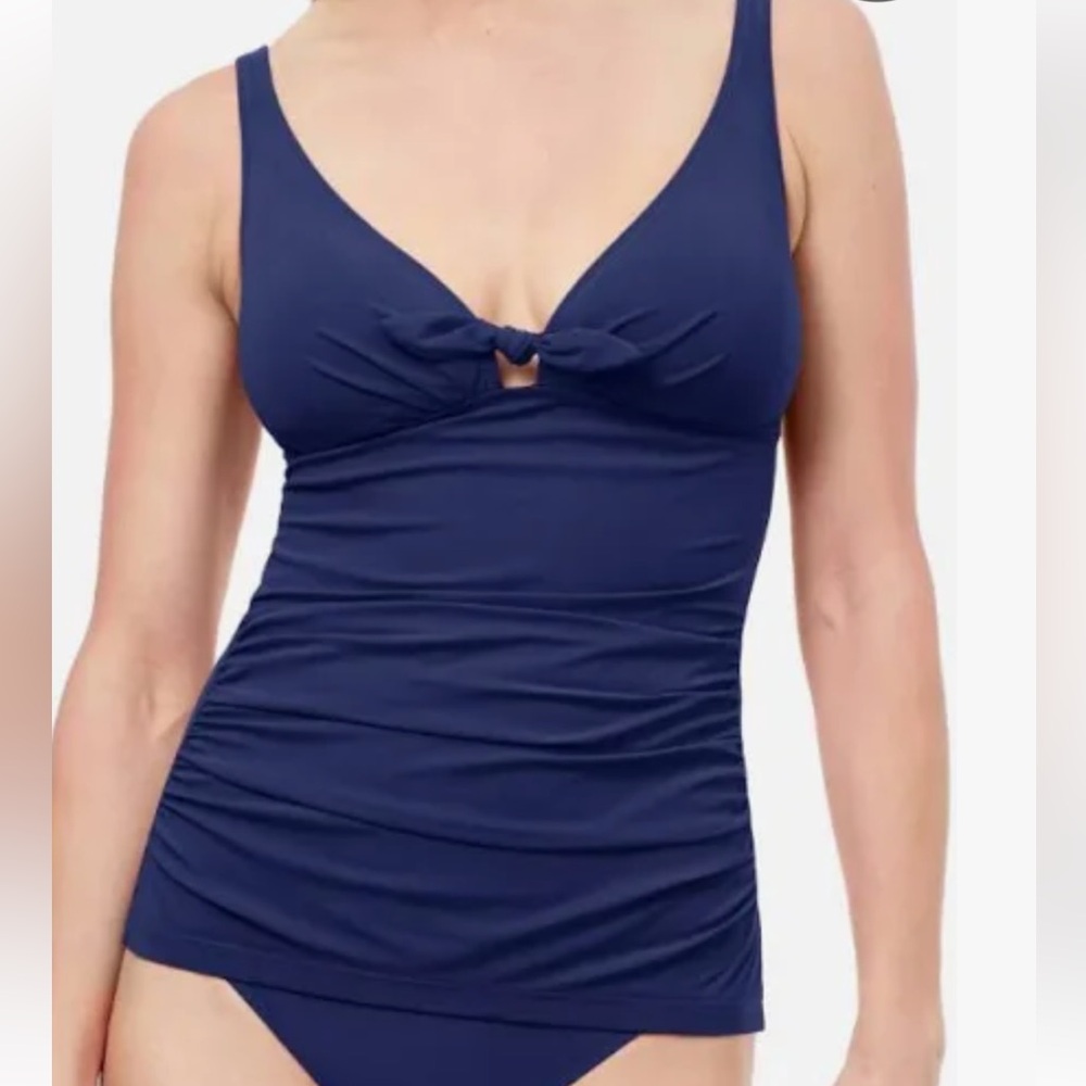 Profile by Gottex Dandy Bow Tie Tankini Top Size 34D Navy Ruched UPF 50+